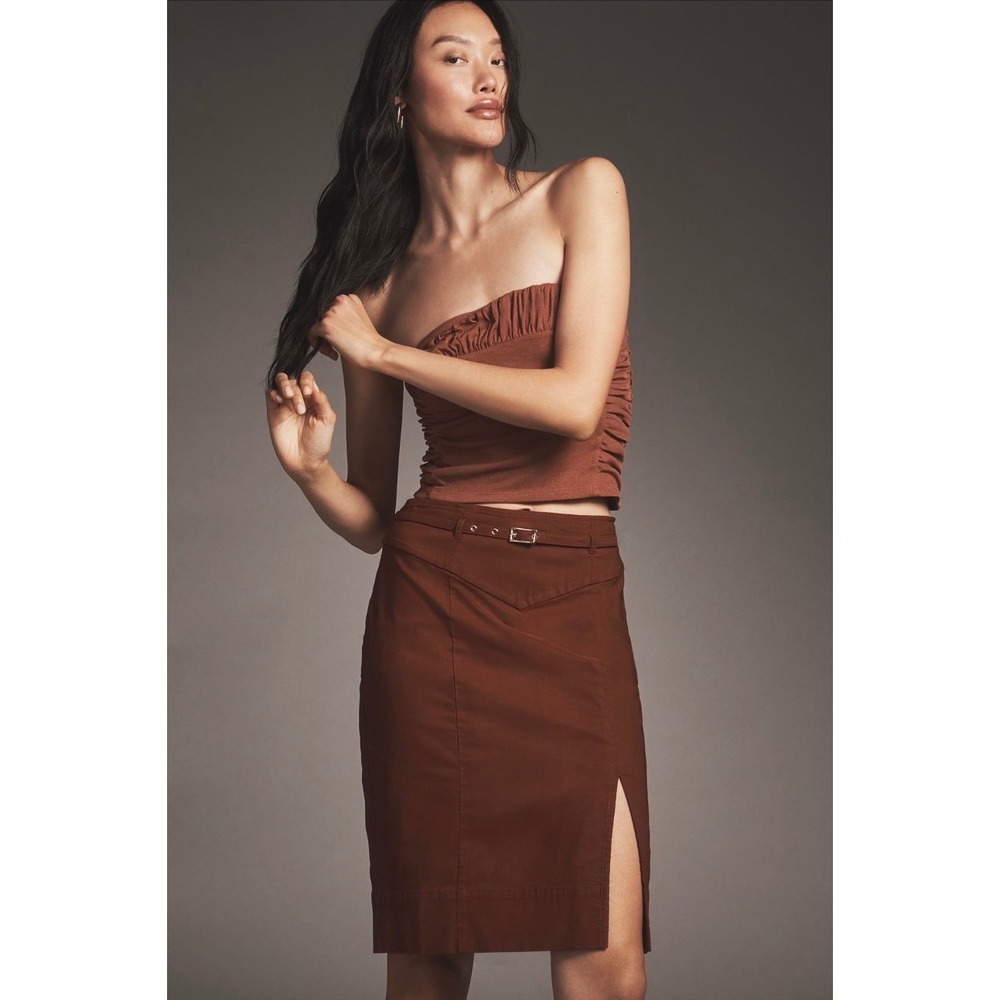 NWT Anthropologie Burnt Paprika Brown Belted Pencil Midi Skirt‎ (XXS)